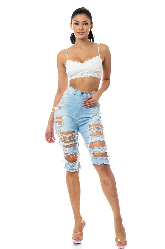 7036F Super High Waisted Distressed Bermuda Shorts