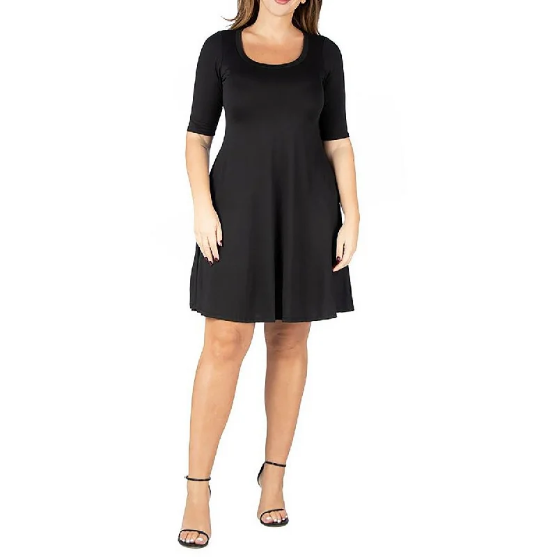 24seven Comfort Apparel Womens Plus Scoop Neck Elbow Sleeve Midi Dress