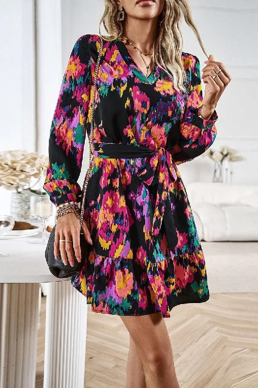 V NECK PRINTED WEAR BELT SHIRT DRESS