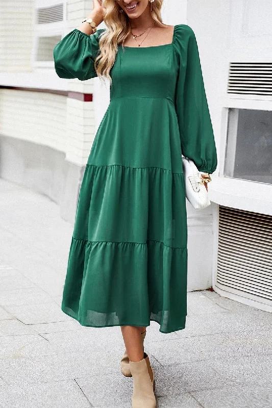 SQUARED NECK LANTERN SLEEVE SOLID DRESS