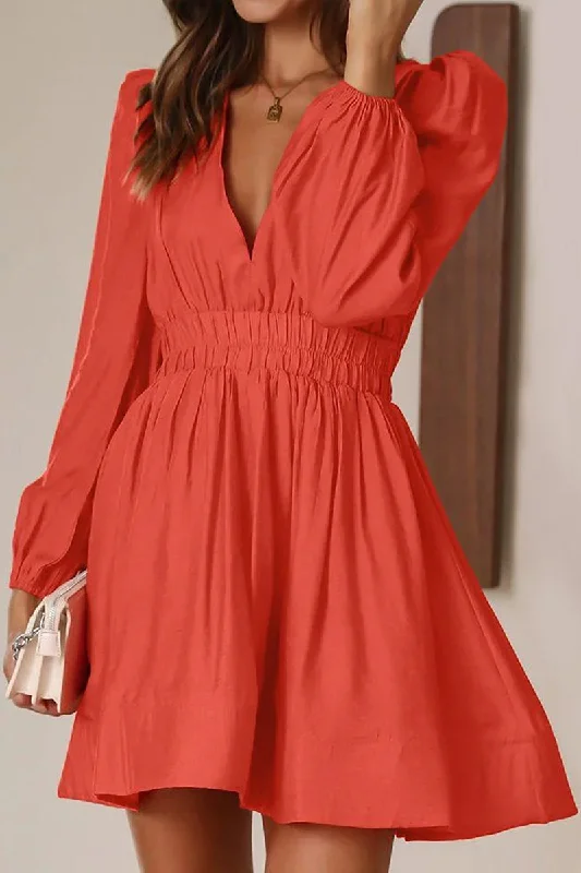 WOMEN SEXY DEEP V NECK LONG SLEEVE MINI DRESS