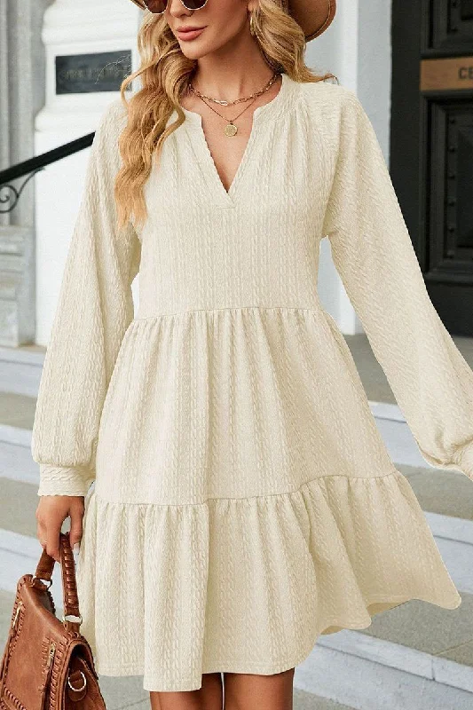 WOMEN V NECK RUFFLED CAKE LONG SLEEVE DRESS