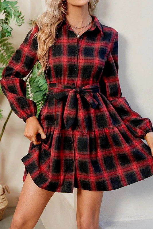 WOMEN ELASTIC CUFF BUTTON UP PLAID SHIRTS DRESS