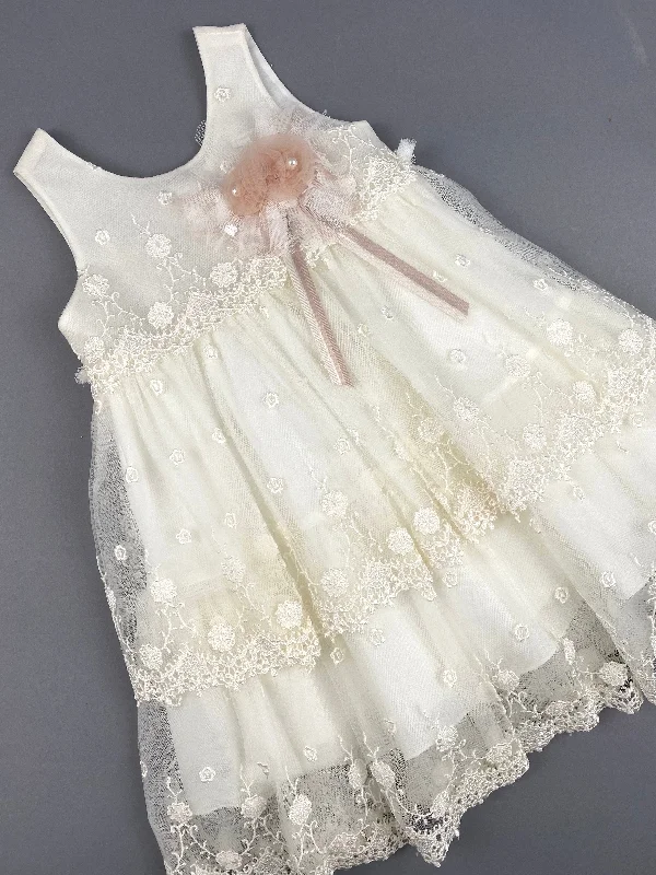 Dress 56 Girls Baptismal Christening Sleeveless Layered French Lace Dress, with matching Bolero and Hat. Made in Greece exclusively for Rosies Collections.