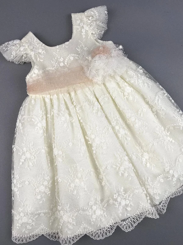 Dress 57 Girls Baptismal Christening Cap Leave French Lace Dress, with matching Bolero and Hat. Made in Greece exclusively for Rosies Collections.