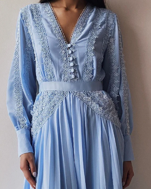 Elegant Blue Lace-Detailed Dress