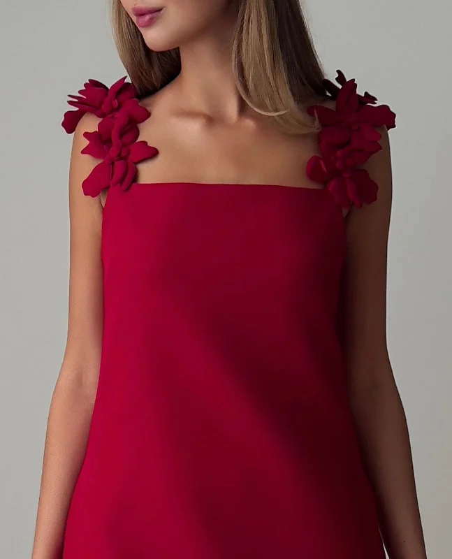 Elegant Red Mini Dress with Floral Shoulder Detail