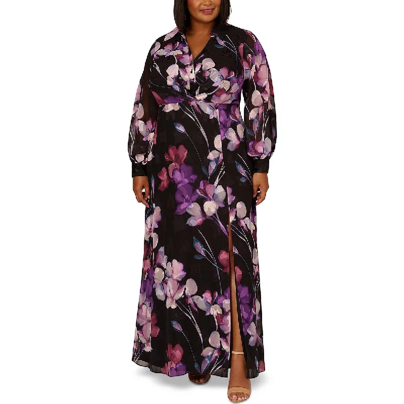 Adrianna Papell Womens Floral Print Maxi Shirtdress