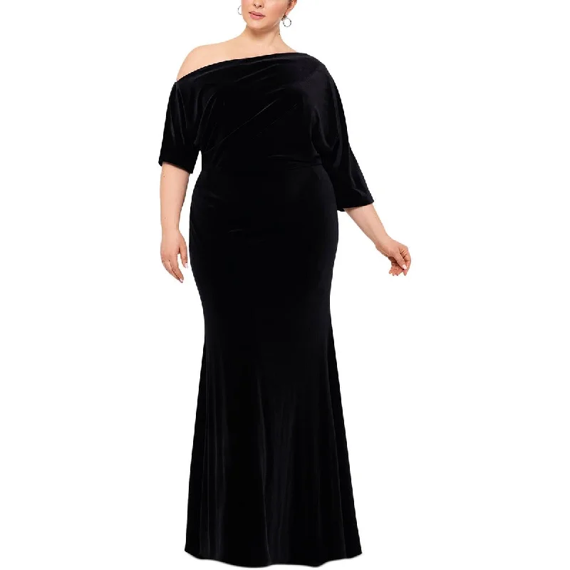 Betsy & Adam Womens Plus Velvet One Shoulder Evening Dress