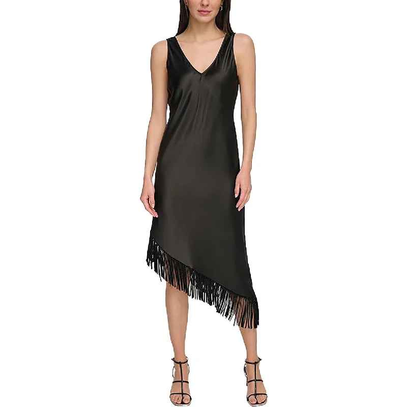 DKNY Womens Asymmetrical Fringe Slip Dress