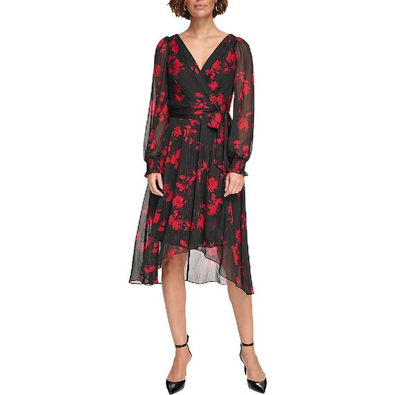 DKNY Womens Chiffon Floral Fit & Flare Dress