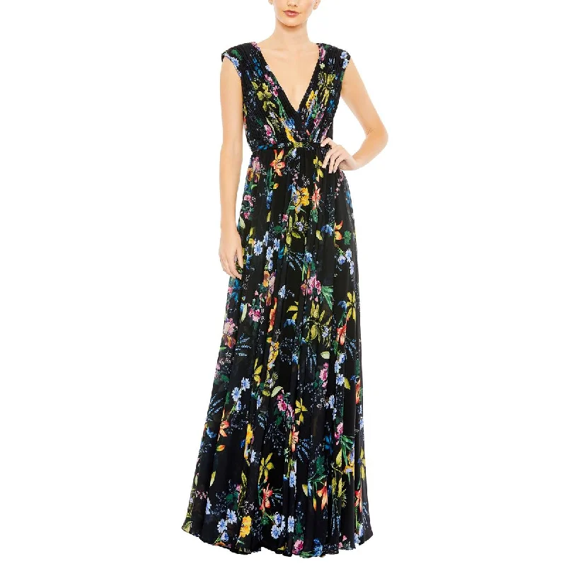 Ieena for Mac Duggal Womens Chiffon Floral Print Evening Dress