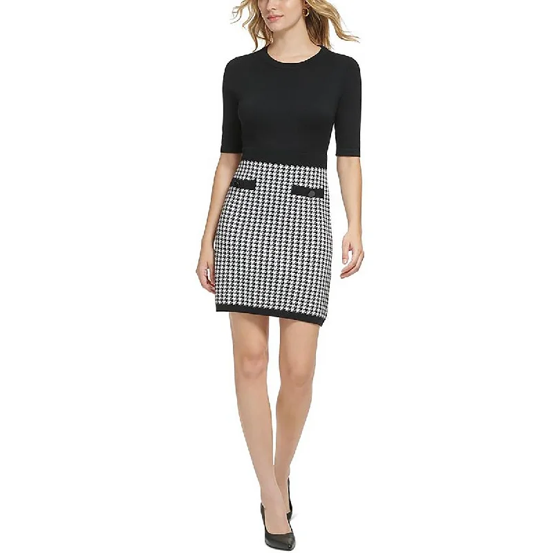 Karl Lagerfeld Paris Womens Houndstooth Midi Sweaterdress