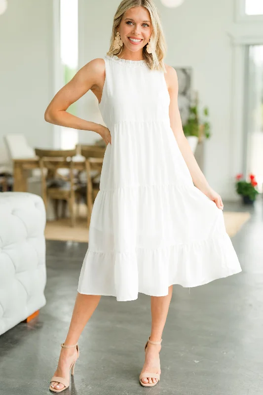 On The Run White Ruffled Midi Dress