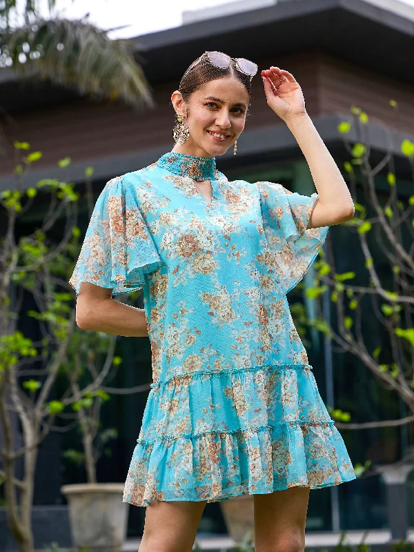 Women Turquoise Floral Tiered Short Dress