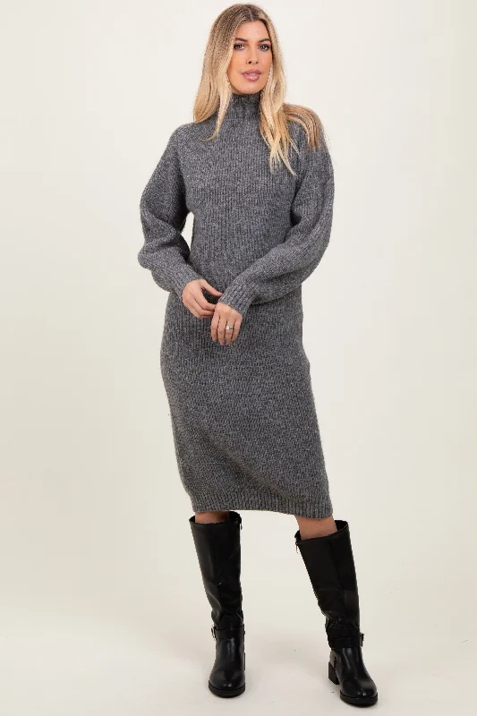 Charcoal Mock Neck Bubble Sleeve Midi Sweater Dress