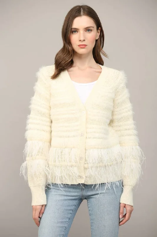 Feather Trim Wool Blend Cardigan