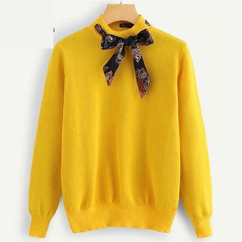 Ginger Tie Neck Jumper Long Sleeve Pullover Women Sweater