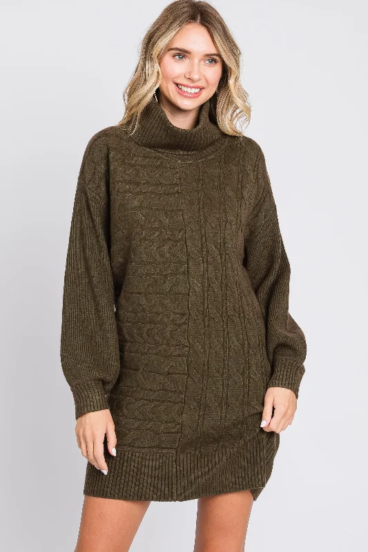 Olive Cable Knit Mini Sweater Dress