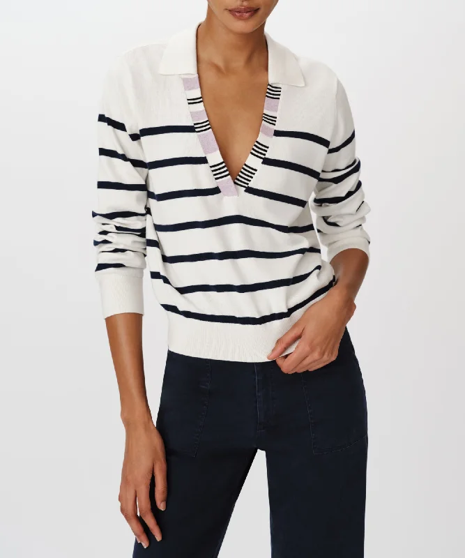 Cotton Silk Blend Striped Split Collar Sweater - White-Midnight